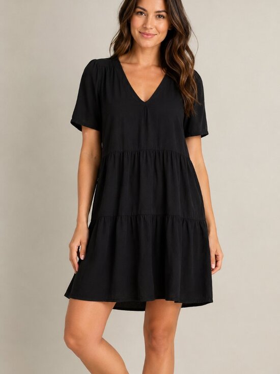 Old Navy Dresses & Skirts - Old Navy Black Tiered Babydoll Dress Women's Large Cotton Rayon Short Sleeve